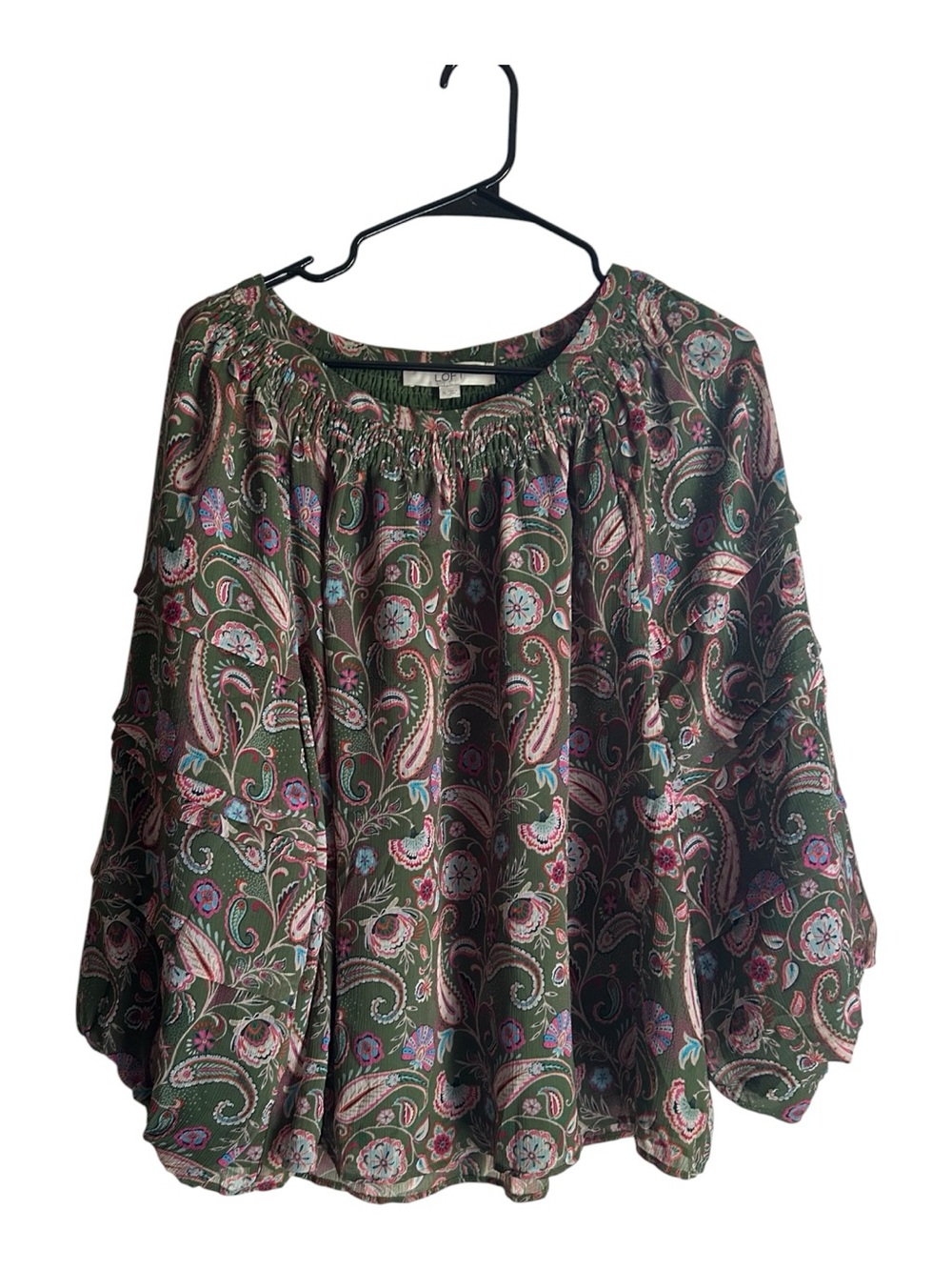 Loft Size XL Olive Green Paisley Peasant Blouse